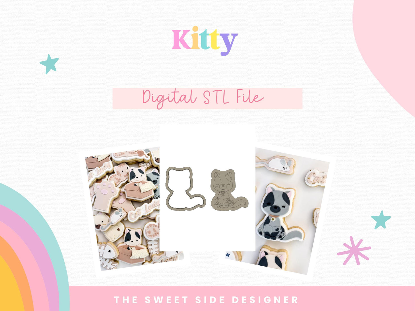 Kitty Cookie Cutter & Stamp Digital STL File