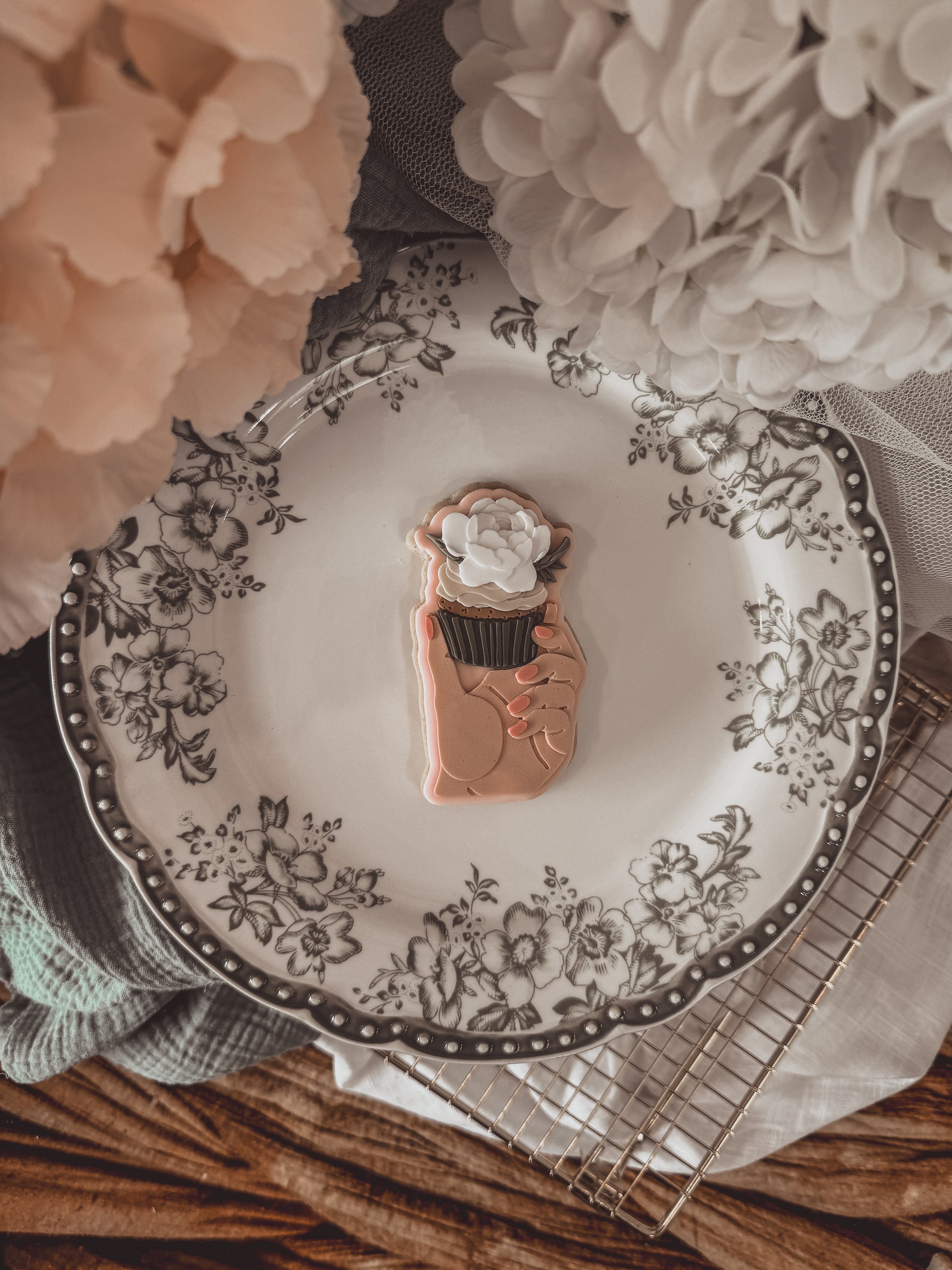Woman Holding Peony Cupcake Cookie Cutter &amp; Stamp