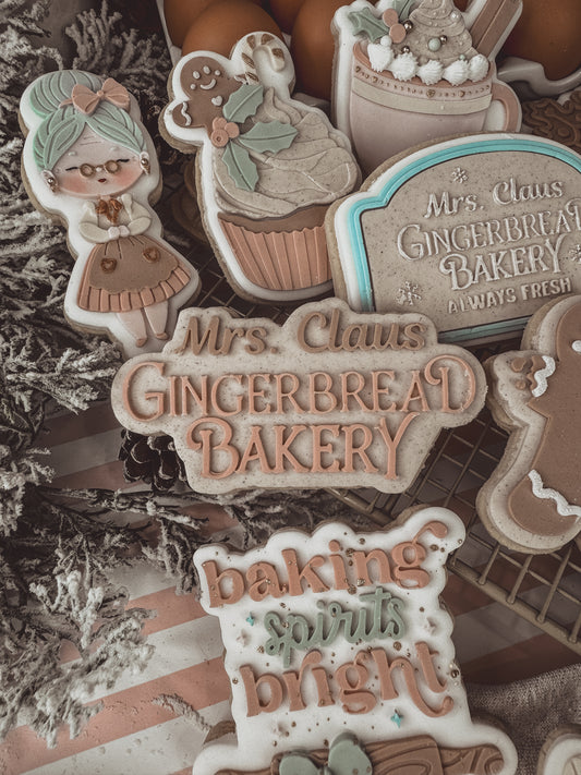 Vintage Mrs. Claus Gingerbread Bakery Text Cookie Cutter & Stamp